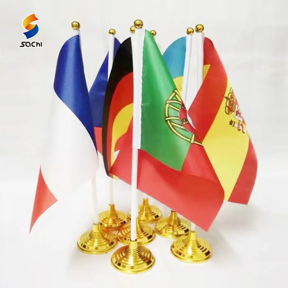 Custom Printed National Desk Table Flag With Stand on TableMini Size Meeting Table Desk Flag With Metal Stand