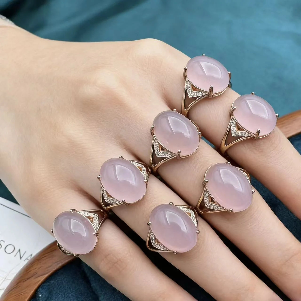 Trendy Crystal Healing Stones 925 Sterling Silver Plated Natural pink Chalcedony Ring for Anti Stress and Anxiety