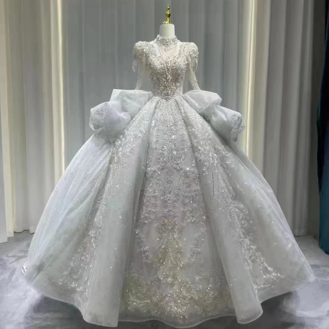 S8995F New Hot-Selling Long-Sleeved Heavy Work Band Lace Decorated Piano Chapel Train Wrap Bride Wedding Dress