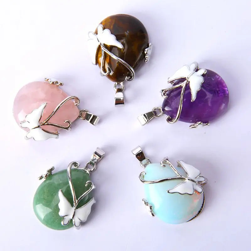 Wire Wrap Butterfly Gemstone Rose Quartz Amethyst Opalite Healing Crystal Pendant Necklace