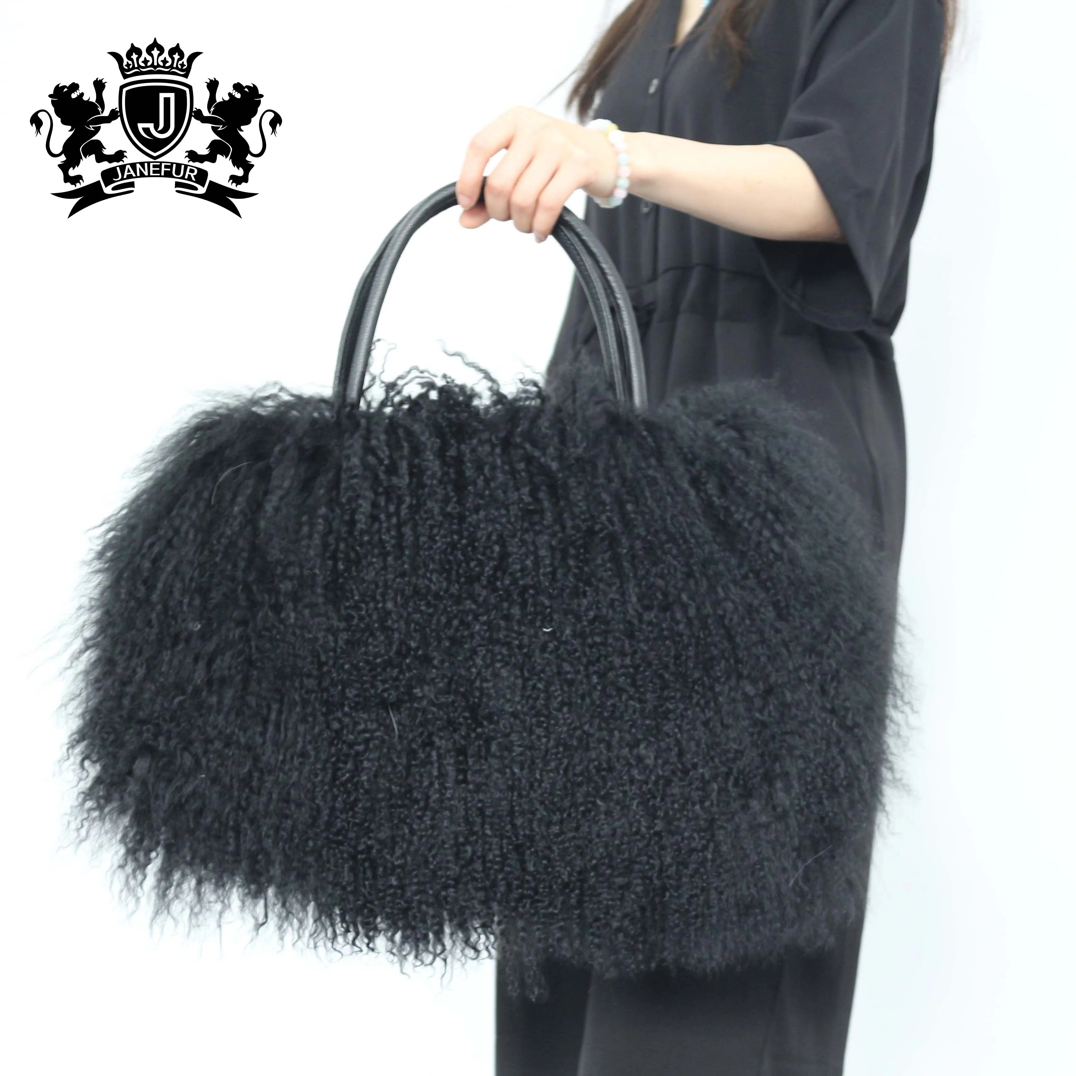 Factory Direct Wholesale Lady Fashion Handbag Black Mongolian Lamb Fur Bag