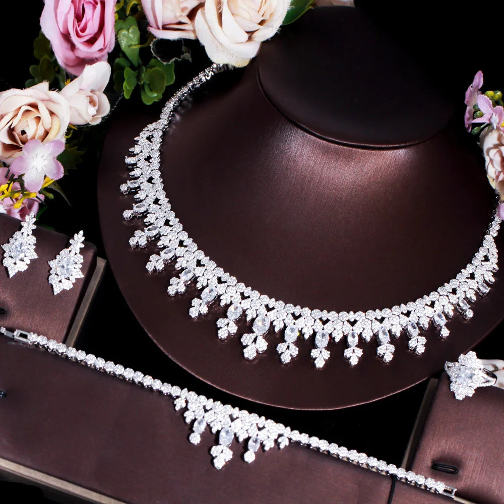 Shiny White Gold Plated Brides Tassel Leaf Necklace Earrings Bracelet Ring American Nigeria CZ Costume Wedding Big Jewelry Sets