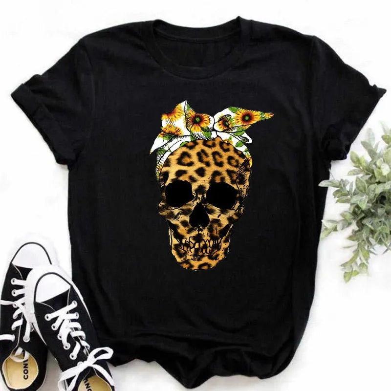 Hot Sale Leopard Heartbeat Short Sleeve Women's T-Shirt Harajuku Graphic Clothing Girl's Plus Size Top Letter Print T-Shirt