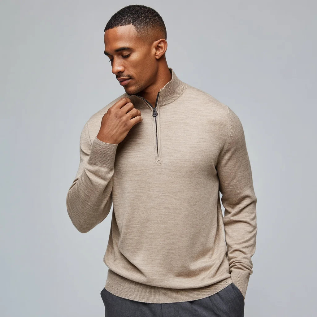 Men's Wool Quarter-Zip Knit Pullover Zip-Up Mock Neck Sweater for Autumn Breathable Anti-Wrinkle Front Logo with Pattern Print