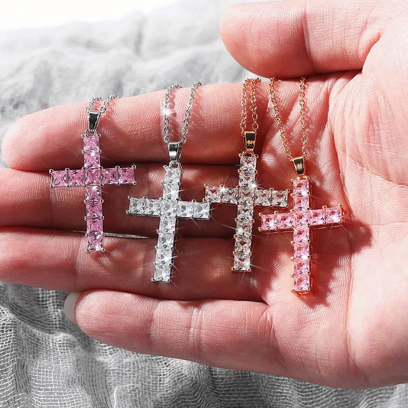 Huitan 18k Gold 925 Silver Plated Minimalist Pendant Women Necklaces  Crystal Rhinestone Zirconia Dainty Cross Chain Necklace