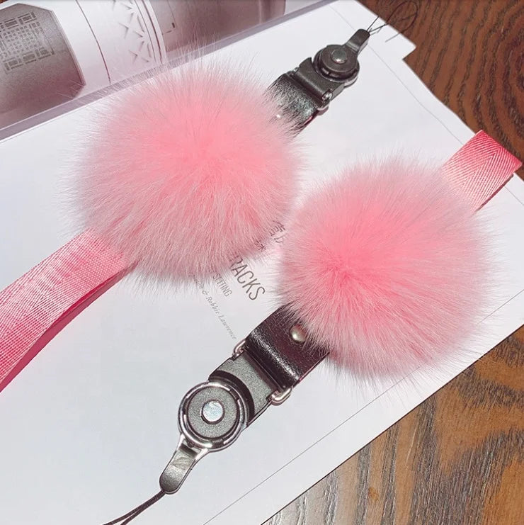 Factory Price Fur Ball Lanyard for Keys Phone Strap for ID Keycord Factory Supply Price Phone Charm Neckband Holder