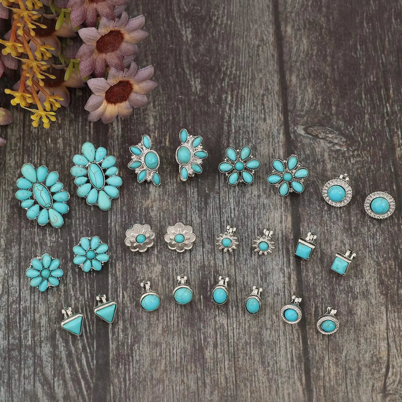 Vintage Western Boho Style  12pcs/Set Geometric Shape Turquoise Stud Earrings Cowgirl for Woman Gift