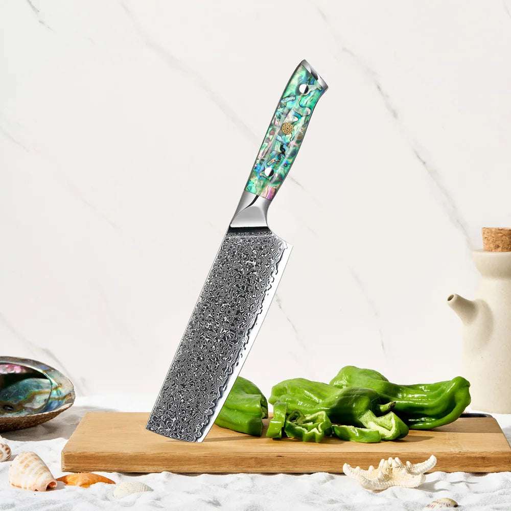 Original Design Japanese Nakiri Knife Damascus Steel 67 Layer Handmade Abalone Resin Handle Kitchen Sharp Vegetable Cutter
