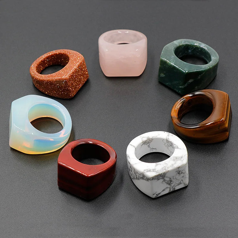 Wholesale Natural Stone Crystal Stone Tiger Eye Pink Crystal Square Forehead Ring Agate Semi-gem Men Women Finger Jewelry