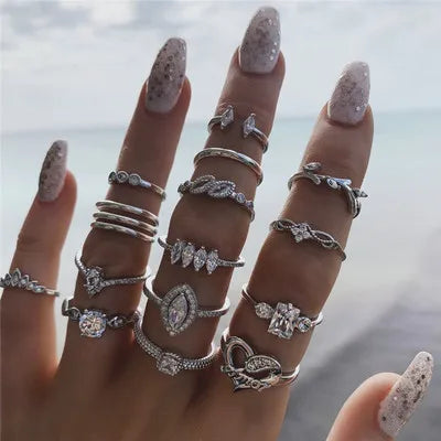 Fashion New 2021 Jewelry Rings Set Silver Color Rings Bohemia Leaf Heart Rings Set for Women