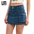 Liu Ming Women's Casual Summer Vintage Denim Short Mini Cargo Skirt Pencil Silhouette Button Decoration Light Knitted Waist