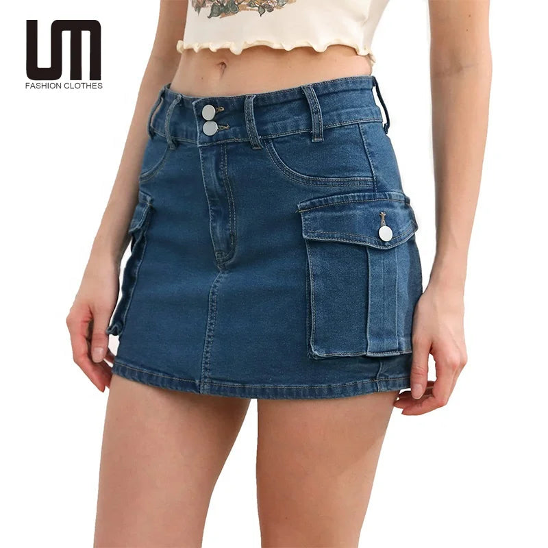 Liu Ming Women's Casual Summer Vintage Denim Short Mini Cargo Skirt Pencil Silhouette Button Decoration Light Knitted Waist