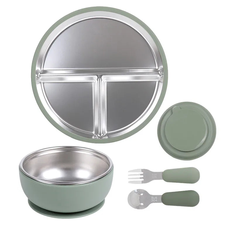 Food Grade Silicone 304 Stainless Steel Kids Dining Cutlery Baby Feeding Set Baby Bib Spoon Fork Bowl Plate With Suction