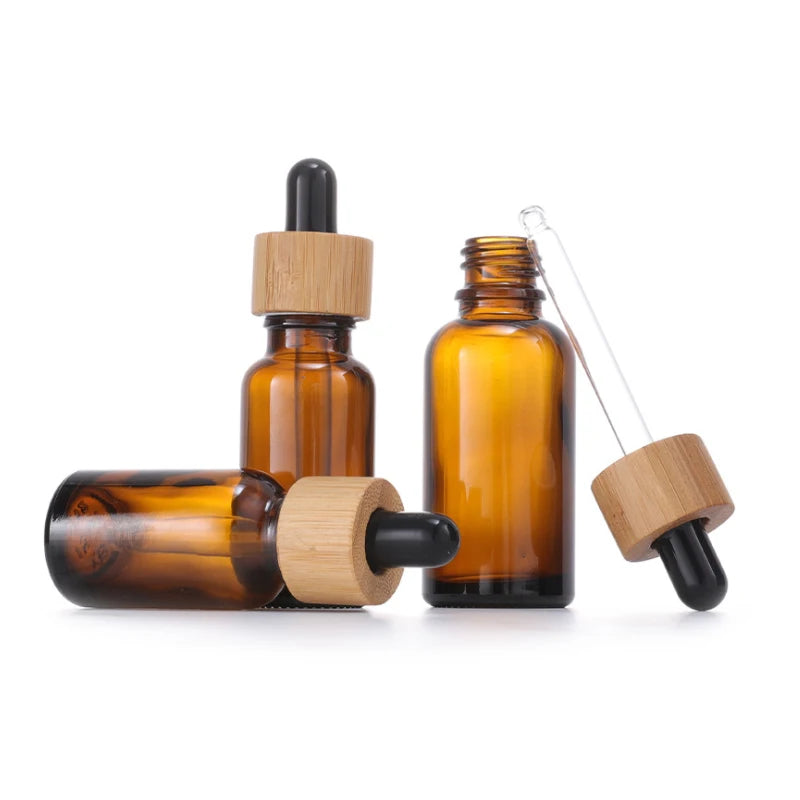 10ml 20ml 30ml 50ml 100ml clear amber green blue black glass dropper bottle with bamboo wood cap