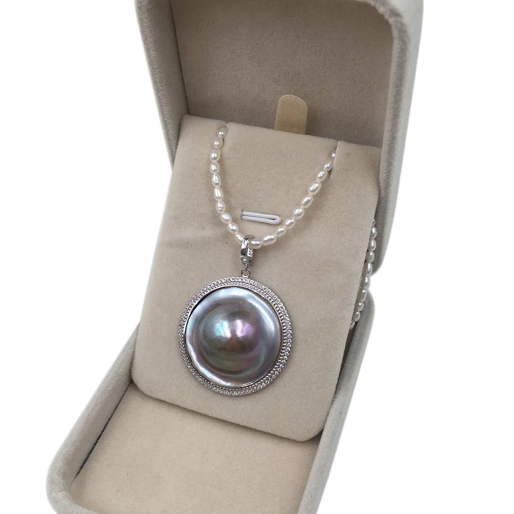 34 MM NATURE HAT MABE Ocean PEARL PENDANT NECKLACE925 SILVER CHAIN16-20inch 3-4 mm Rice Shape Freshwater Pearl Choker Necklace