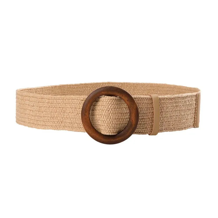 Straw Woven Elastic Stretch Waist Belt Women Skinny Dress Belt Cinch Fashion Round Wooden Buckle Braided Strap Belts