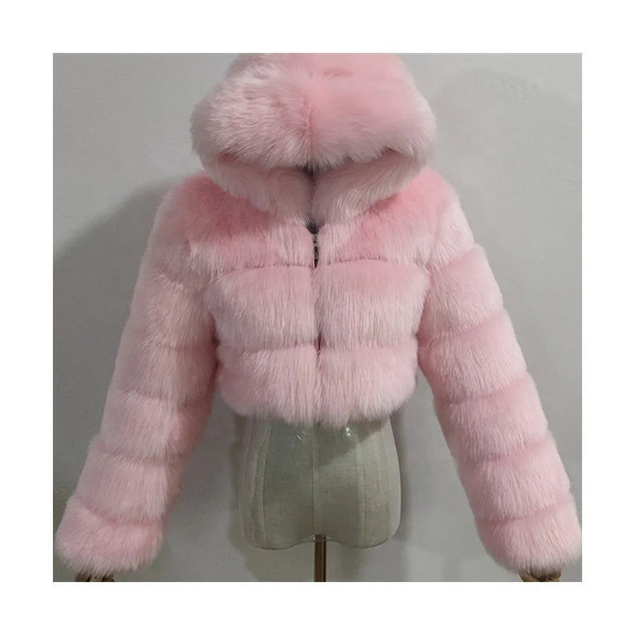 Jtfur Factory Handmade Female Fake Fur Coats Hooded Fashion Short Style Casual Soft Faux Fur Coat for Women