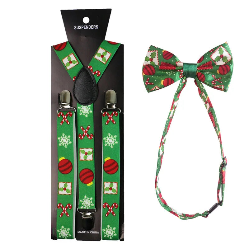 Personalized Printed Christmas Suspenders Metal Clip Adjustable Bow Tie Suspender