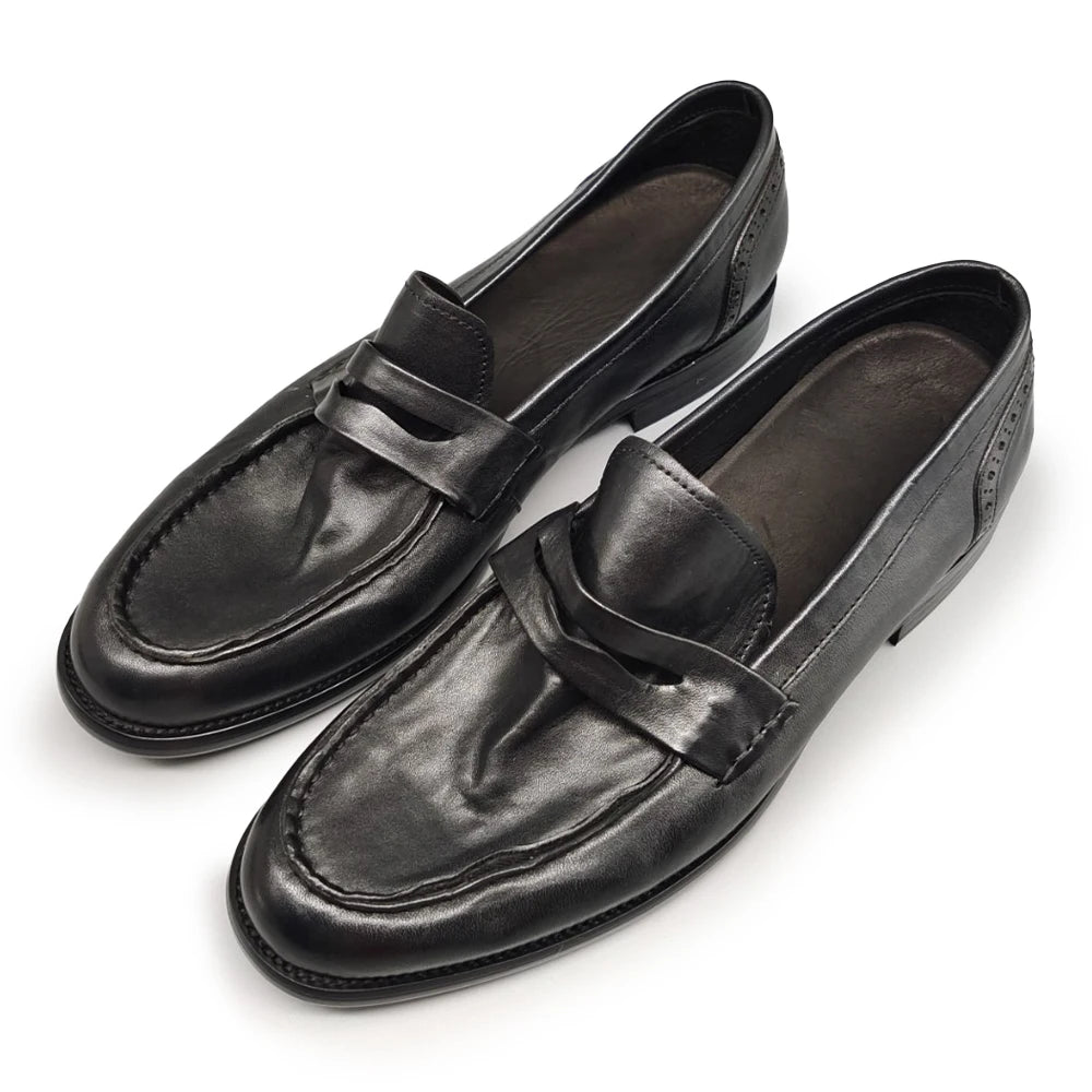 New Fashion Men's Washed Retro British Style Trend Slip on Loafers Handmade Head Genuine Leather Top Layer Cowhide Black Shoes