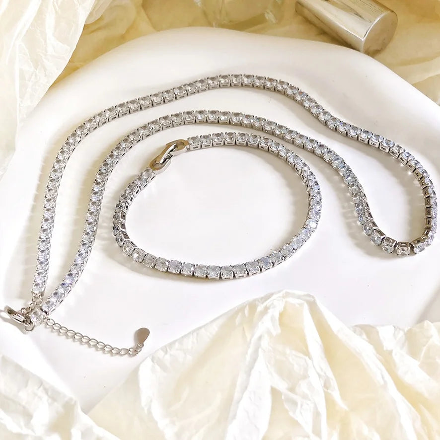 6 to 24 Inches 4mm 5mm Moissanite Tennis Necklace Bracelet Set Silver Gold Plated Round Cubic Zircon Tennis Necklace