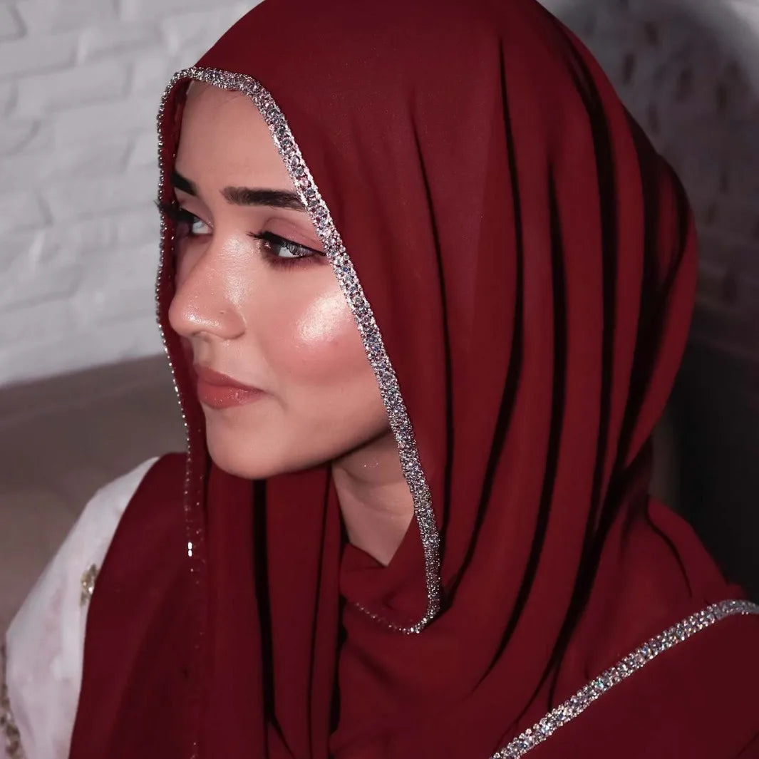 Fashion Muslim Hijab Head Wrap Scarves Women Soft Chiffon Rhinestone Long Scarf Shawl