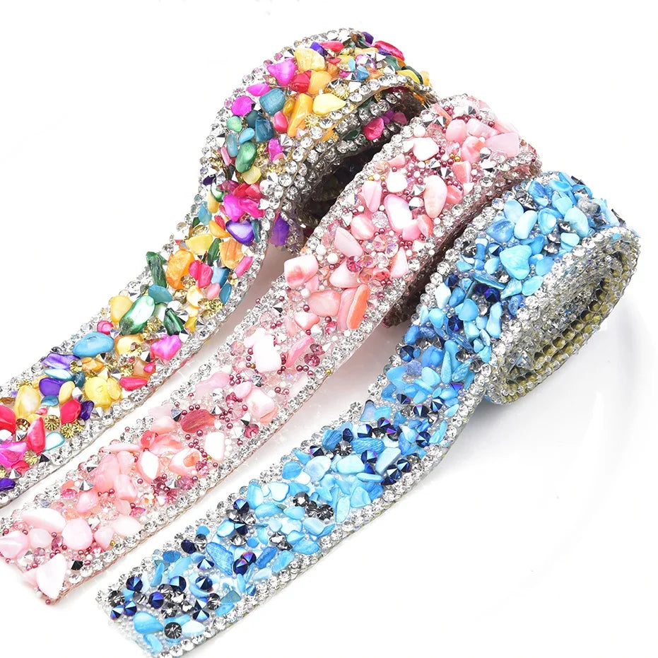 2cm Wide Colored Gravel Rhinestones Caviar Beads Tape Hot Fix Crystal Adhesive Ribbon Diy Clothing Shoes Bags Glass Diamond Trim