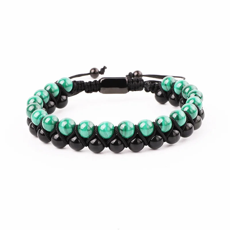 Fashion Gemstone Bracelet Natural Real Green Malachite & Obsidian Beads Handmade Cord Braided Macrame Bracelet Men Women