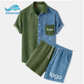 Custom Brand Mens Shirt and Shorts Patchwork Corduroy Designed Casual Loose Drawstring Waist Suits Two Piece Sets