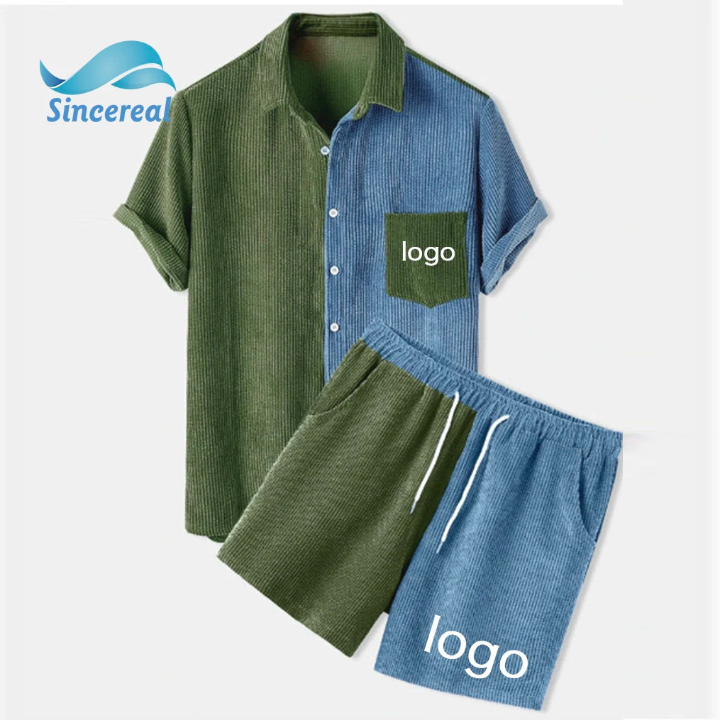 Custom Brand Mens Shirt and Shorts Patchwork Corduroy Designed Casual Loose Drawstring Waist Suits Two Piece Sets