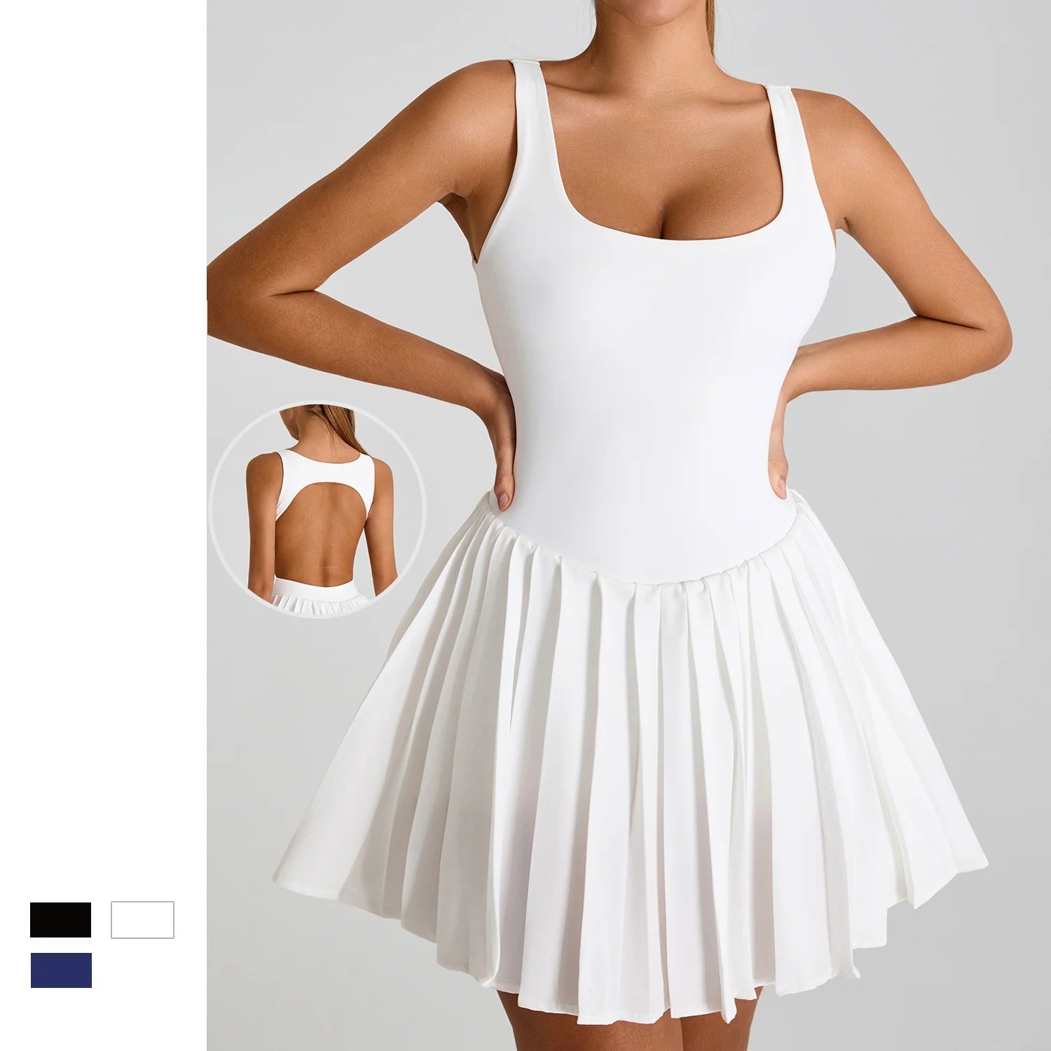 New Style Lady's Tennis Dress Square Collar Pleated Sexy Open Back Fitness Workout Breathable Soft Quick-dry Sports Dress
