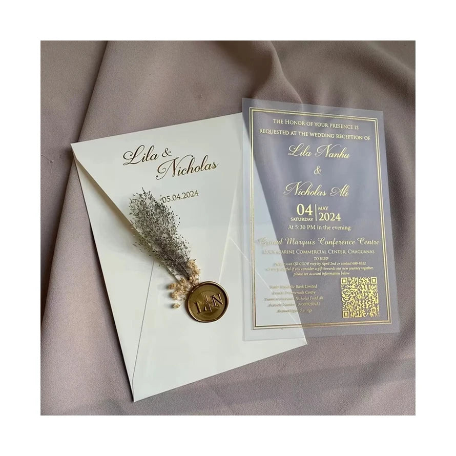 Luxury Unique Gold Foil Clear Acrylic Wedding Invitation Card With Custom Colors Envelope Wax Seal and Dried Flower
