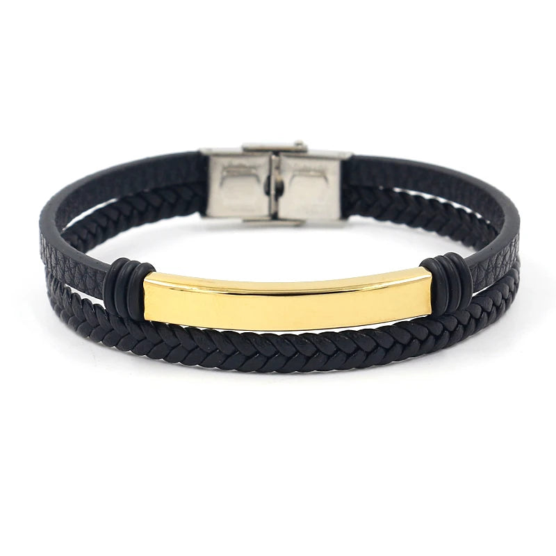 Can Custom Text Logo Stainless Steel with Golden Plating Leather Braided Bracelet for Men