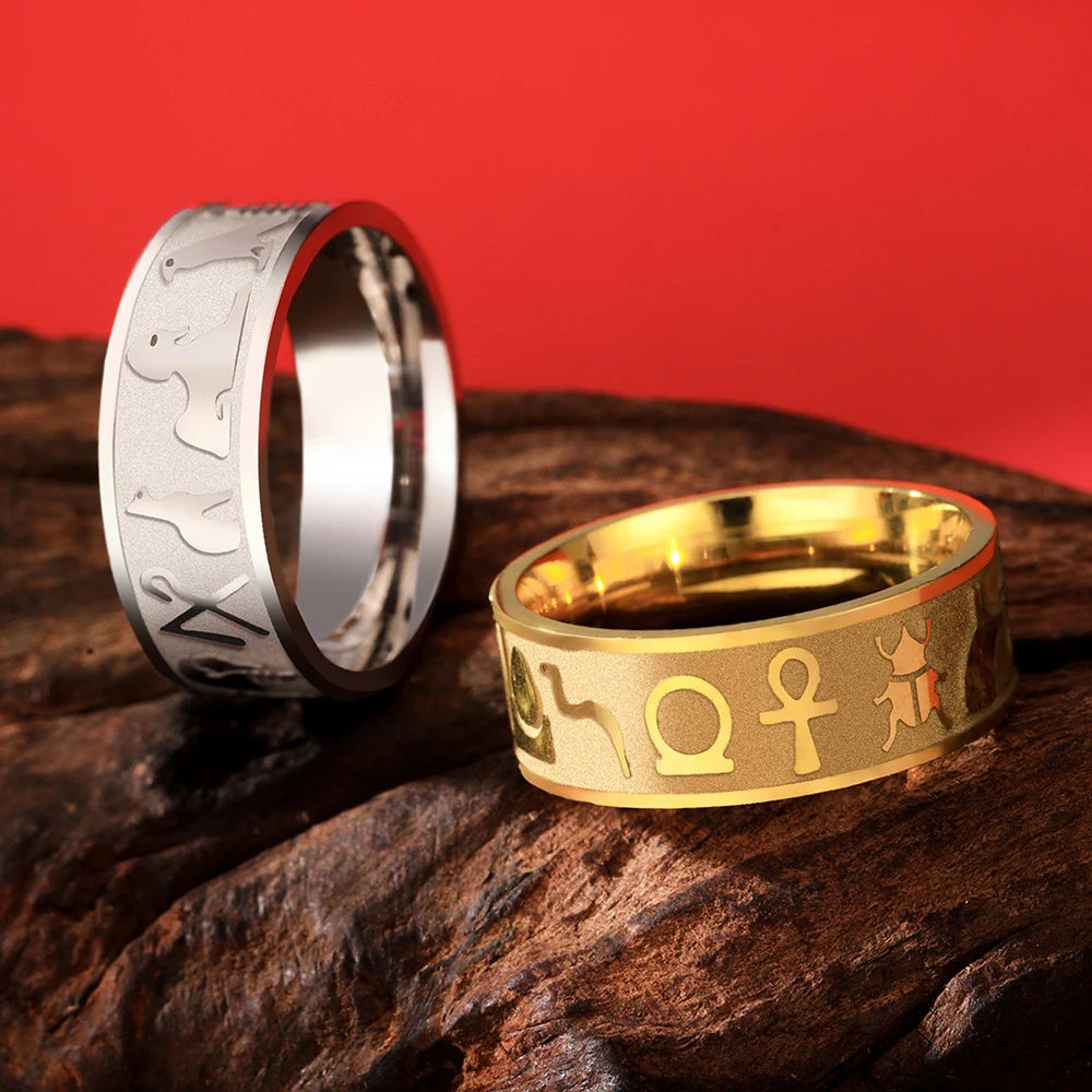 Myshape Ancient Egyptian Symbol Totem Ring Ankh Cross Anubis Eye of Horus Scarab Carved Ring Stainless Steel Amulet Jewelry