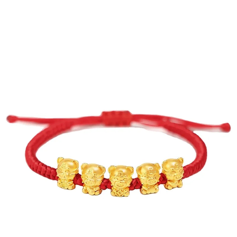Dubai Jewelry  Gold Plated Five Tigers Send Blessings Red Rope Bracelet Female Male Black Rope Hand Woven Rope Tiger