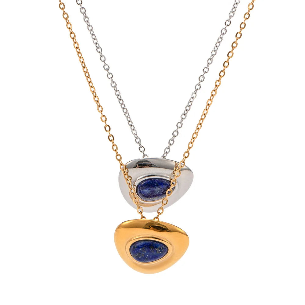 New Arrival French Vintage Inlaid Lapis Lazuli Metal Style Titanium Steel Necklace for Women