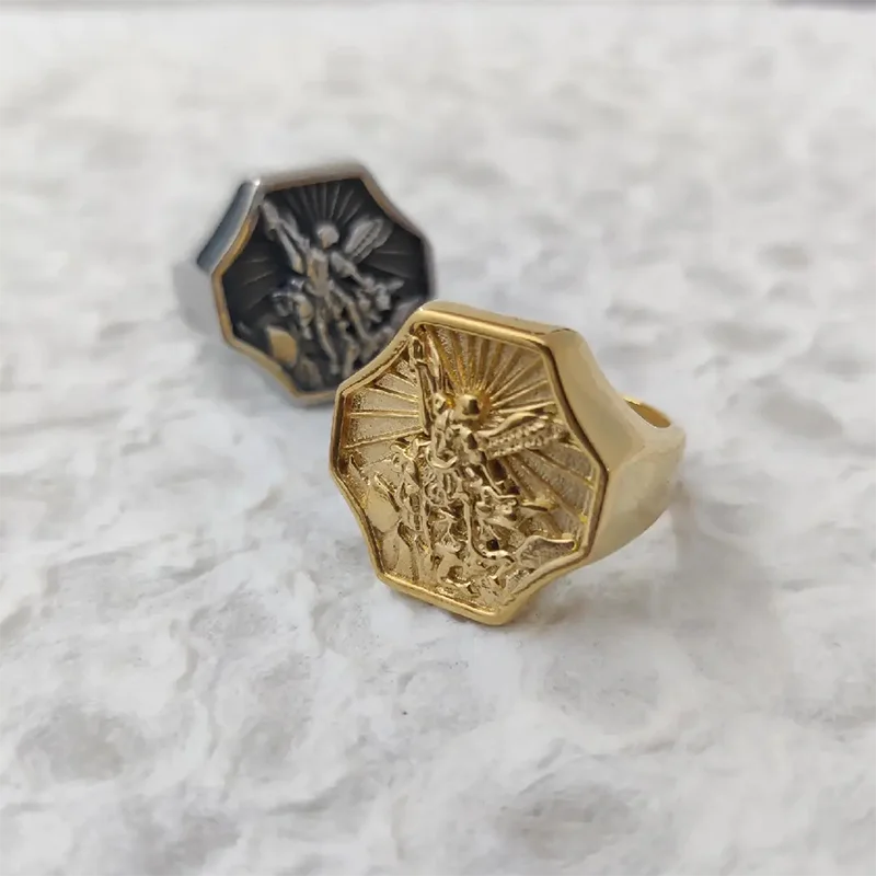 Wholesale Vintage Archangel Saint Michael Men's Ring 18K Gold Plated Titanium Steel Religious Jewelry for Men