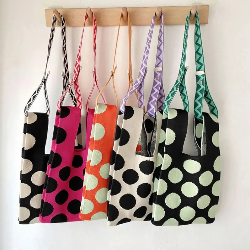 Cute Girls Handbags Color Contrast Dots Tote Bags Mini Handbag Fashion Knitted Hand Bag Cotton Thread Women's Tote Bags