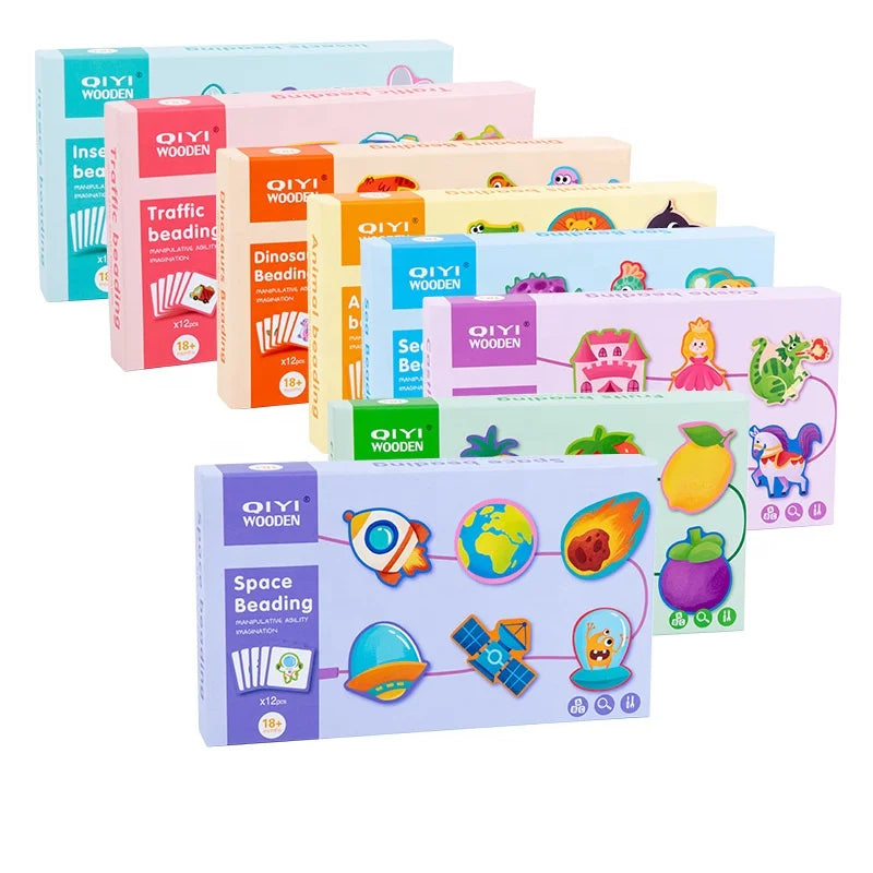 Factory Wooden Educational Toys Animals Fruits Traffic Dinosaur Wood Blocks Beading String Game Kids Montessori Wooden Toys