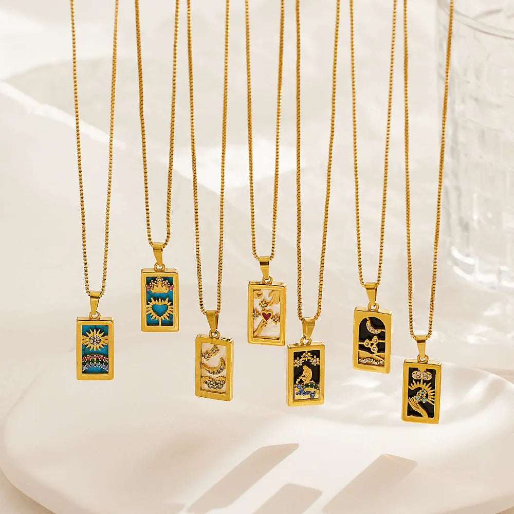 Stainless Steel 18k Gold Plating Rectangular Zircon Women Vintage Moon Sun Heart Pendant Necklace