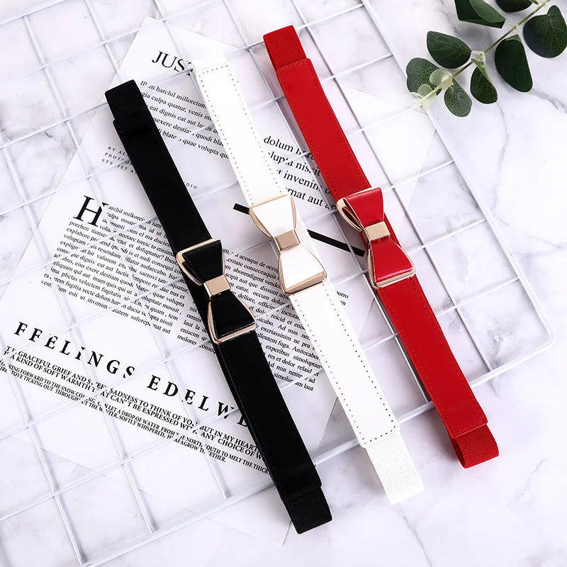 Women Elastic Belt Metal Buckle Retro Stretch Skinny Ladies Waist Belt Cinch Thin Belt for Dress