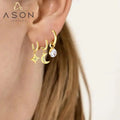 Ason Fashion Jewelry Waterproof 18K Gold Plated Stainless Steel Women Statement Water Drop Moon Star Zircon Hoop Huggie Earrings