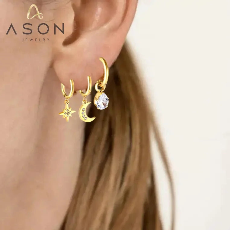 Ason Fashion Jewelry Waterproof 18K Gold Plated Stainless Steel Women Statement Water Drop Moon Star Zircon Hoop Huggie Earrings