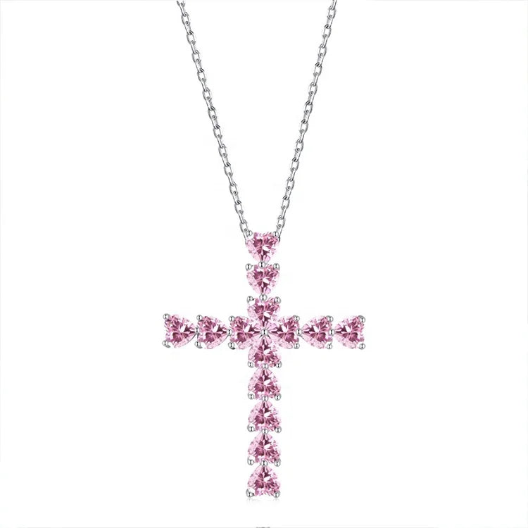 Hot Selling Custom 925 Sterling Silver 18K Gold Plated Pink Cubic Zirconia Diamond Cross Pendant Necklaces for Women Trendy Link