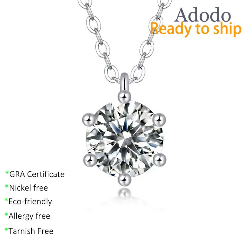 Wholesale Simple Design S925 Sterling Silver  Six-claw 1Carat Moissanite Jewelry Pendant Necklace for Women Valentine's Day Gift