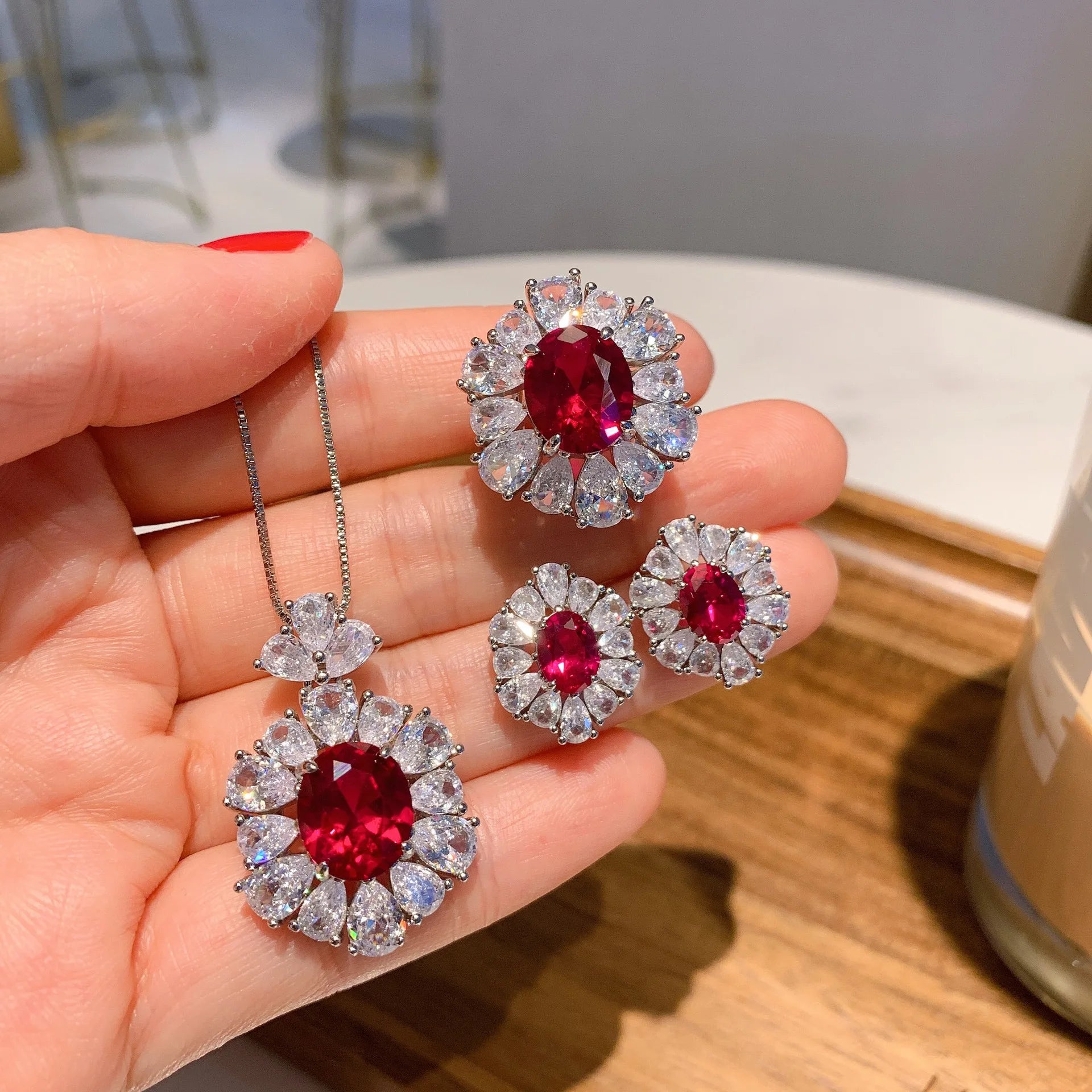 Simple Brass Necklace Earrings Ring Jewelry Set Flower Design for Women with Simulated Ruby Zircon