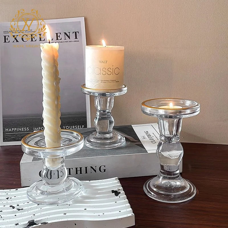 Light Luxury Transparent Clear Romantic Glass Candlestick Holder Restaurant Hotel Decoration Roman Column Glass Candle Holder