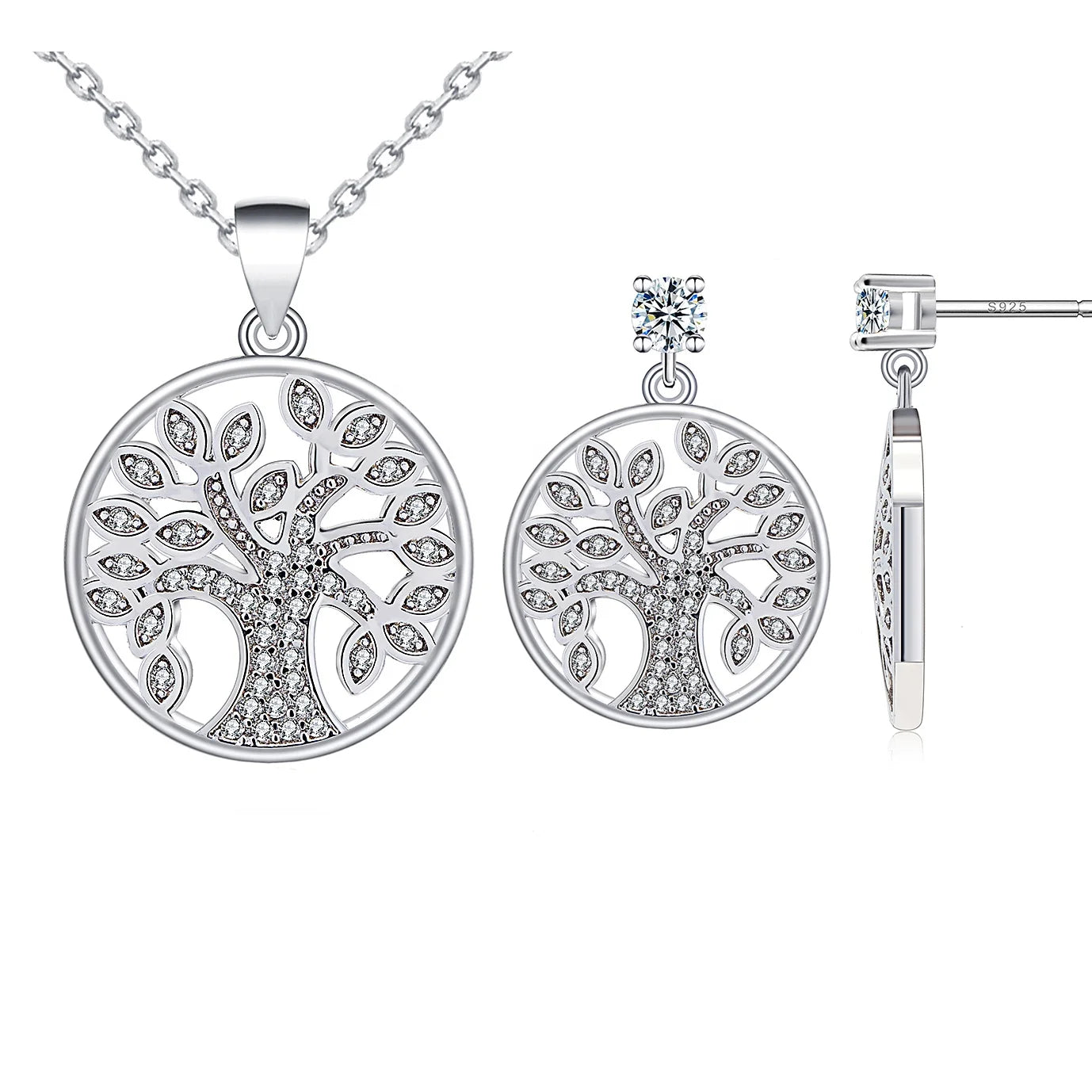 Hot Selling 925 Sterling Silver Tree Life Pendant Necklace Earring Fashion Jewelry Set for Women
