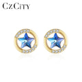 LUOTEEMI Gold Plated Stud Round Elegant Star 925 Silver Hot Sale Zircon Small Earing for Girl Blue Crystal Earrings