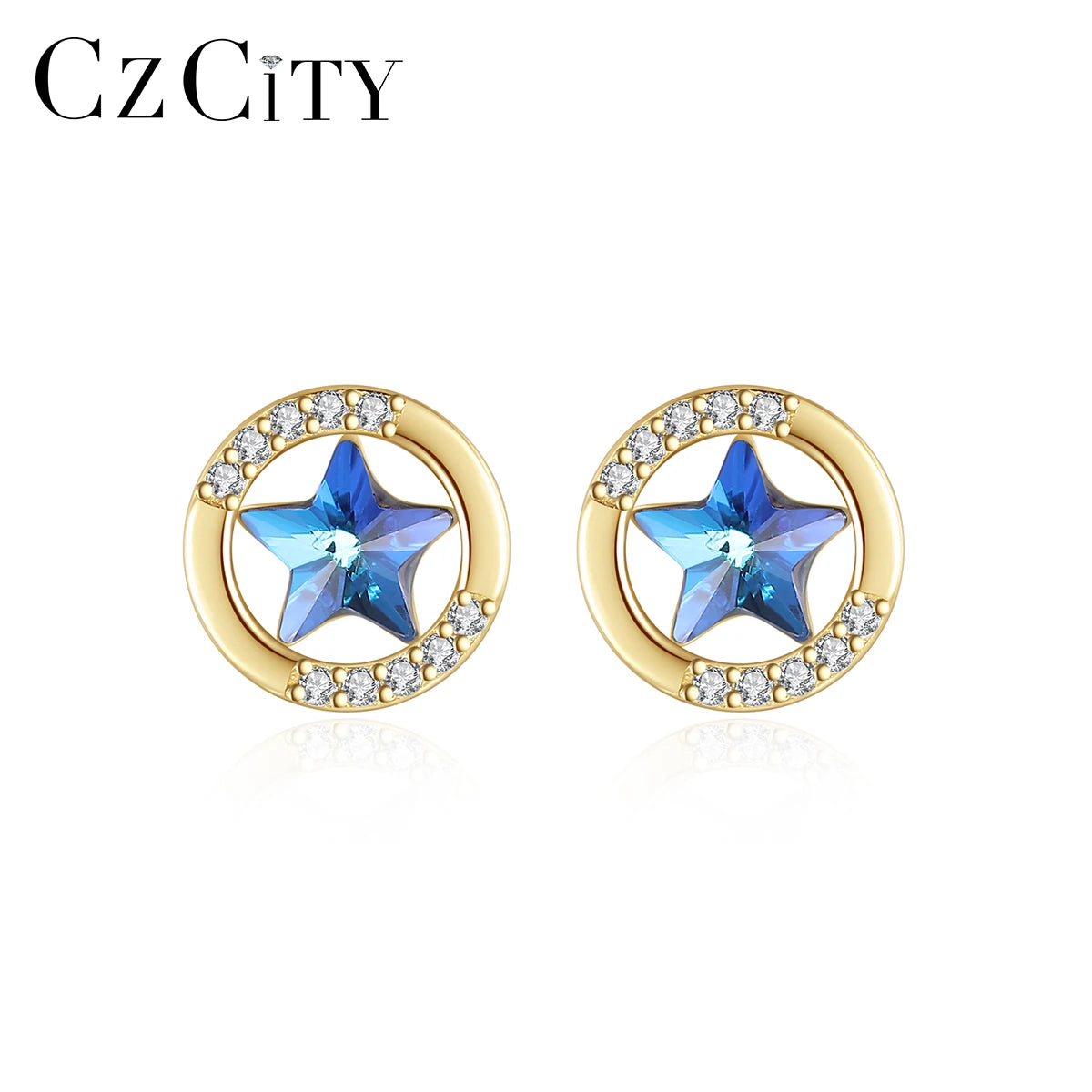 LUOTEEMI Gold Plated Stud Round Elegant Star 925 Silver Hot Sale Zircon Small Earing for Girl Blue Crystal Earrings