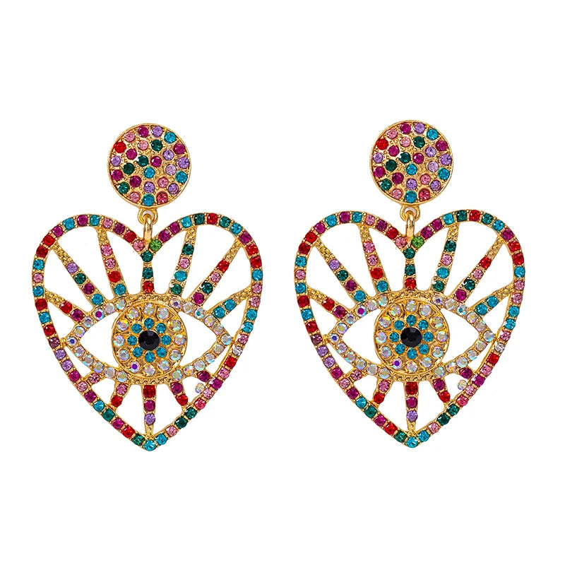 Trendy Big Love Heart Shaped Devil Eye Earrings Gold Colorful Rhinestone Evil Eyes Stud Earrings for Party Women Glass